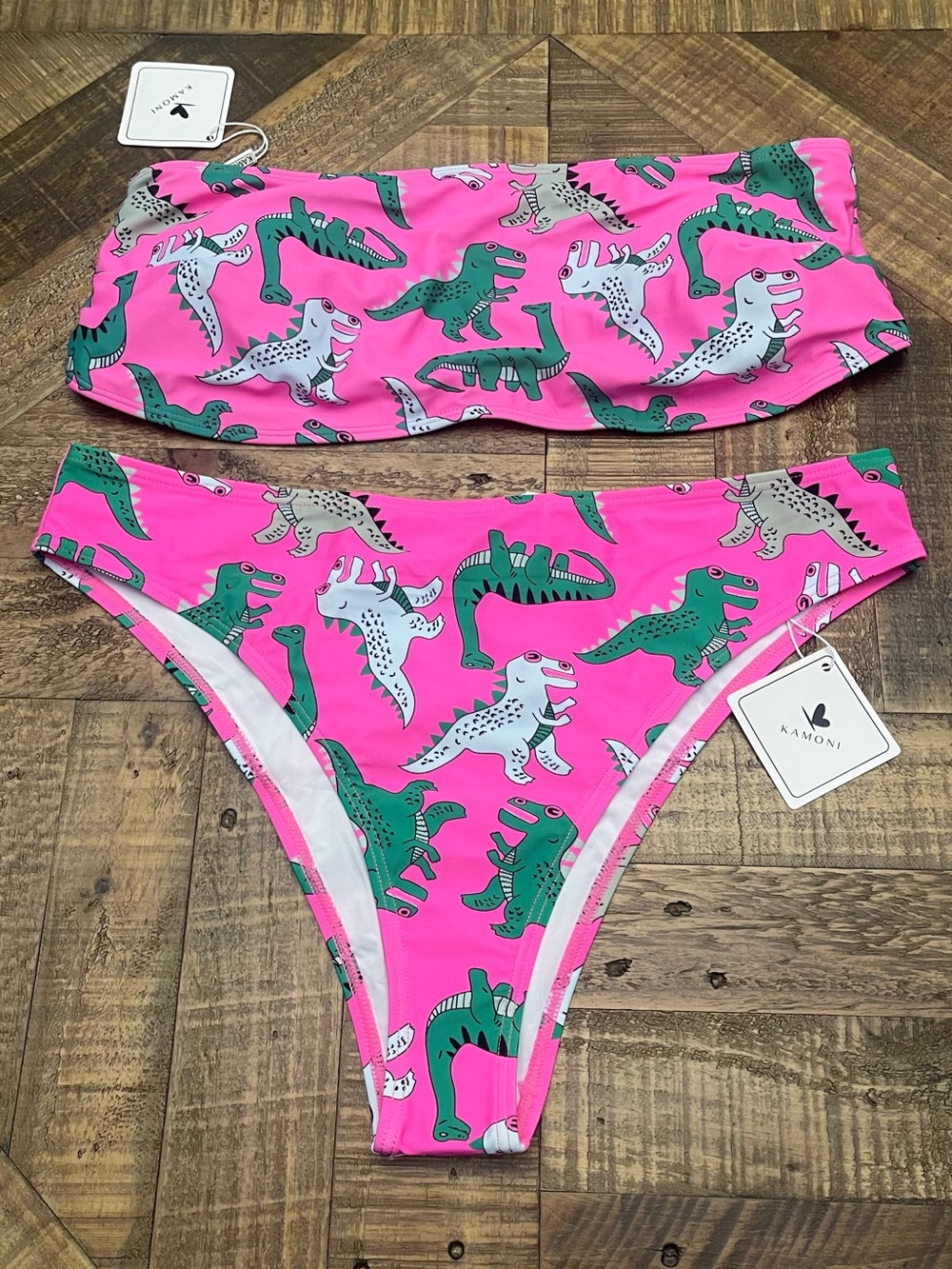 Kamoni Neon Pink Dinosaur Print Bandeau High Waist Bikini Set